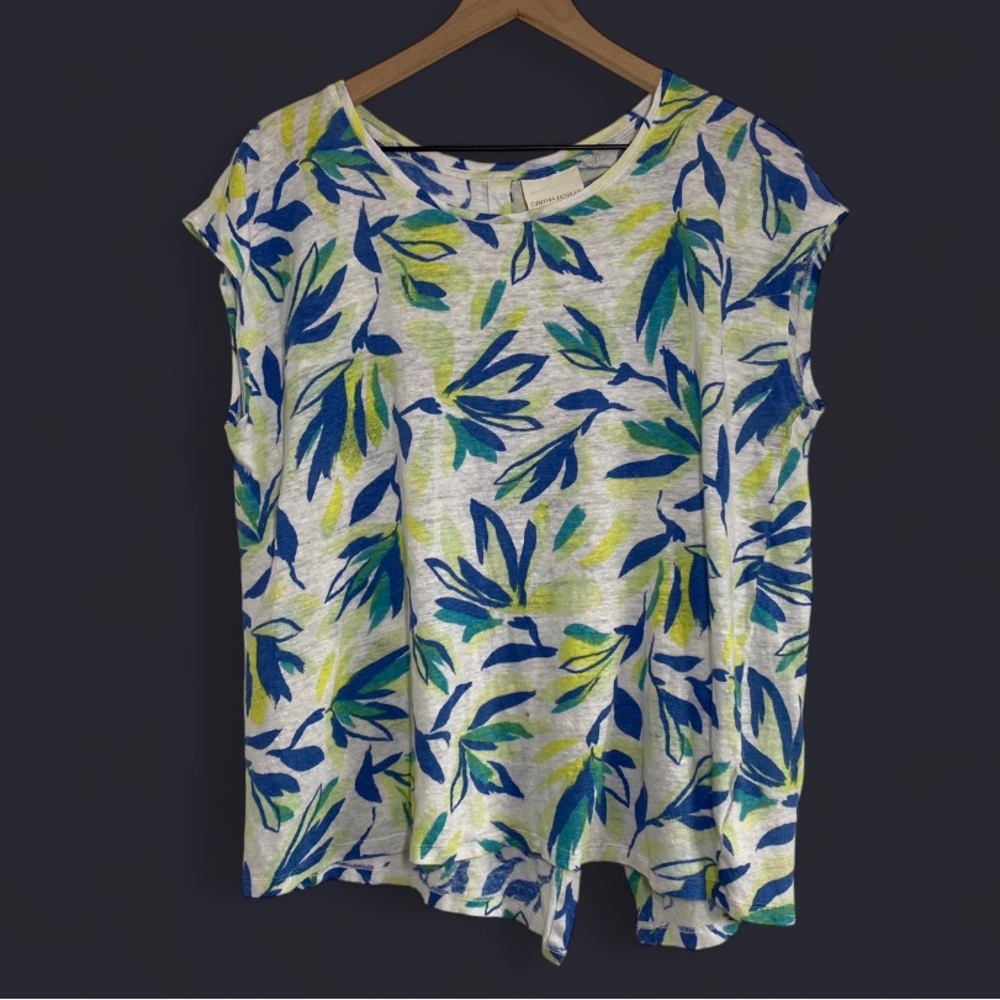 Cynthia Rowley Women’s L Linen Floral Green blue Short Sleeve top Blouse